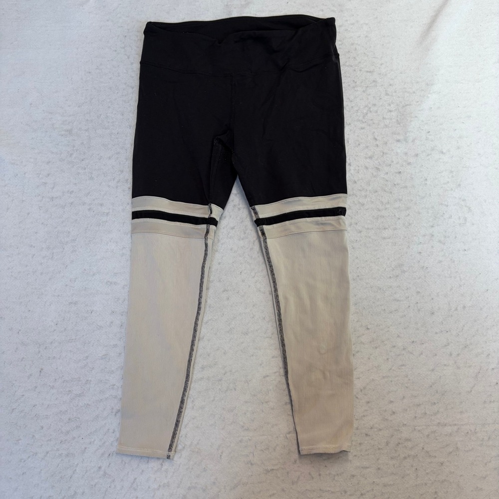 Alo Yoga Leggings Womens L Black Tan Colorblock Ribbed Mesh Panel Moto Athletic